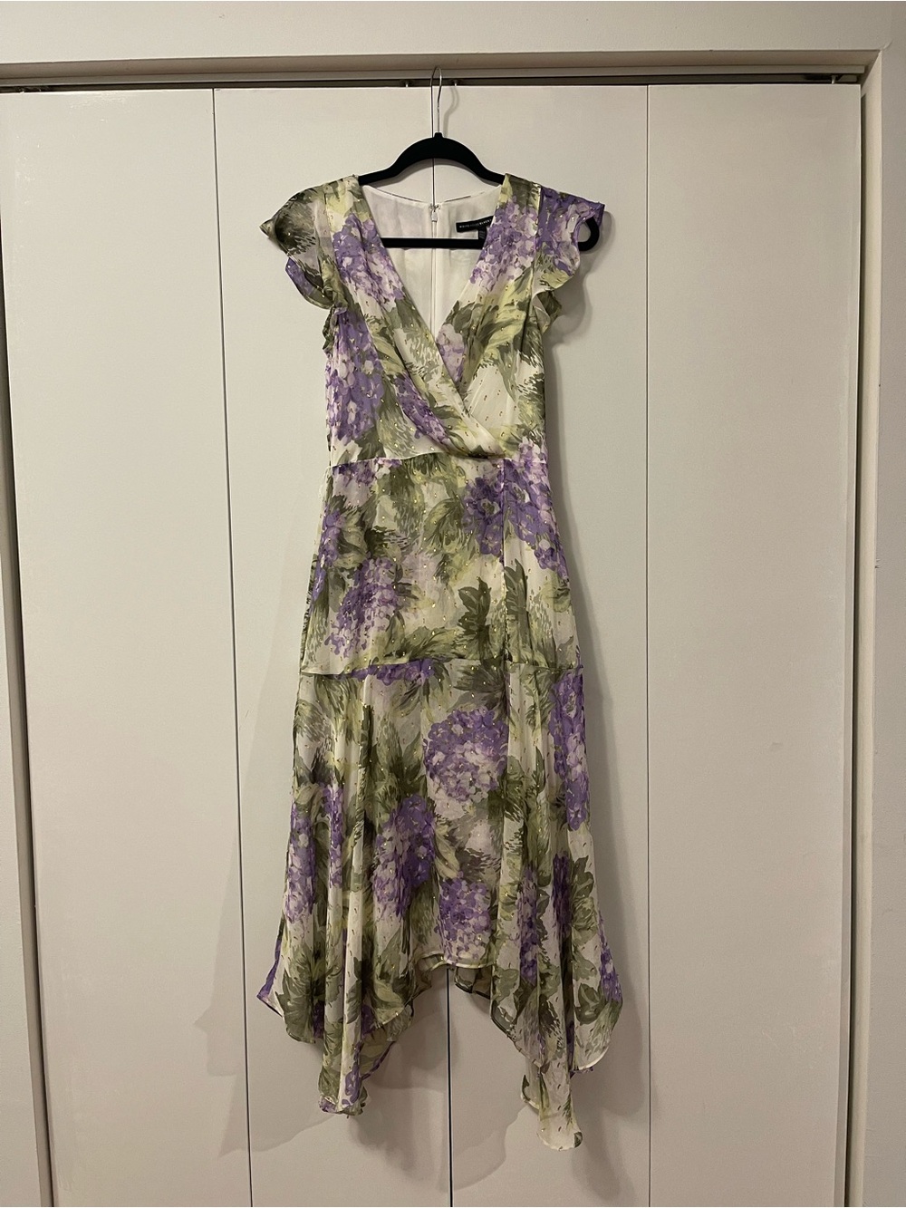 White House Black Market Lavender and Green Floral V-Neck Dress